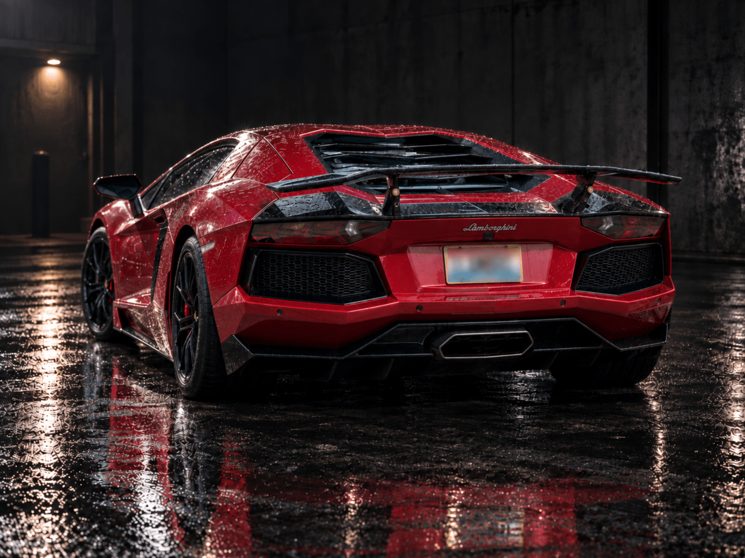 Lamborghini Aventador rear view wrapped in gloss red with carbon fiber wing and aero accents