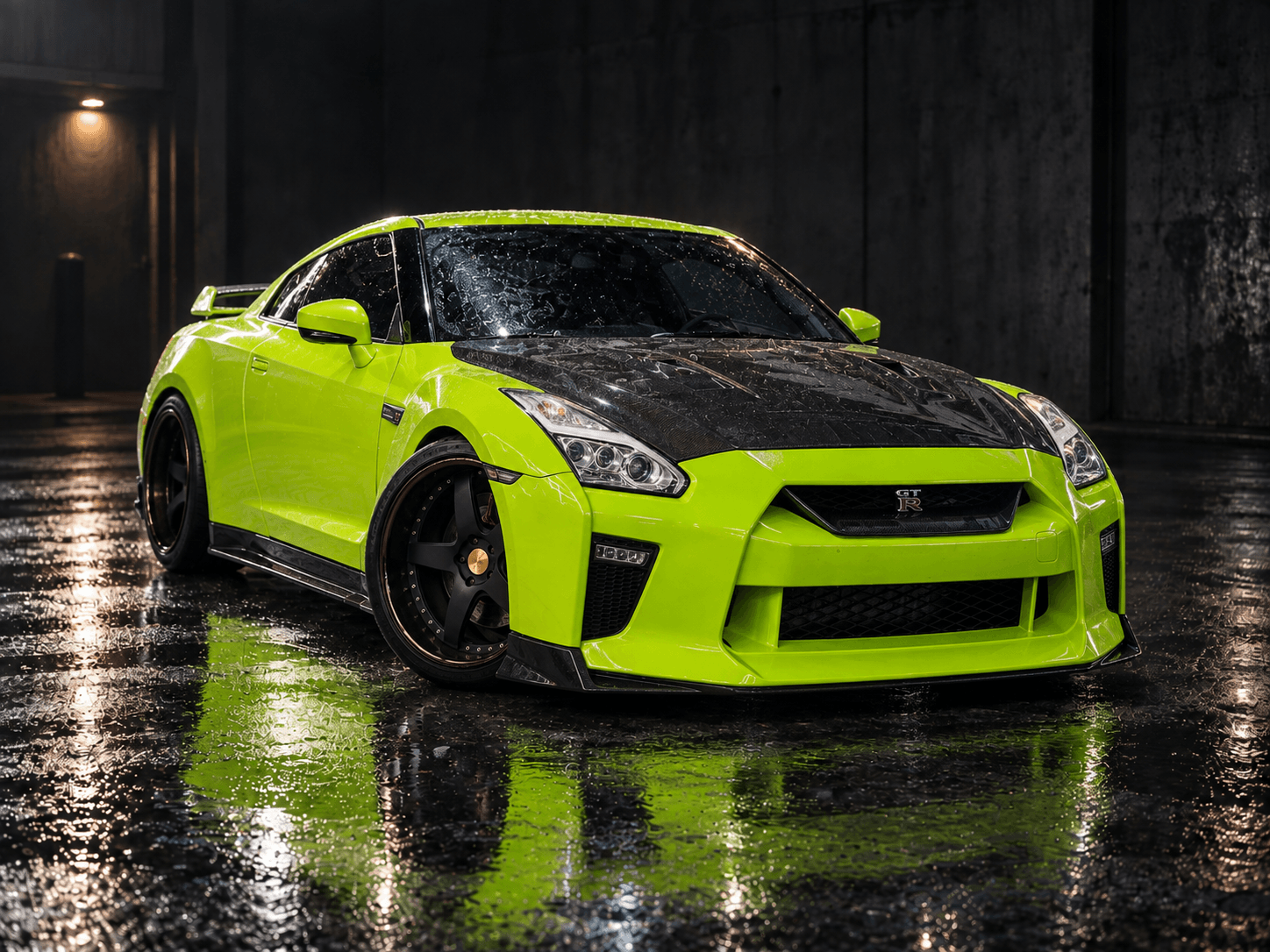 Nissan GT-R wrapped in gloss acid green vinyl with a carbon fiber hood in the Flawda Wraps Orlando studio