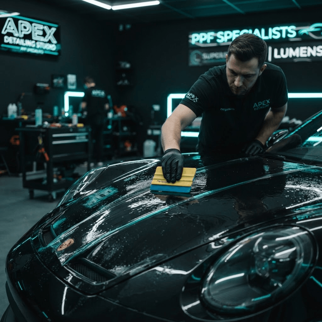 Installer applying clear paint protection film to a sports car hood in Orlando