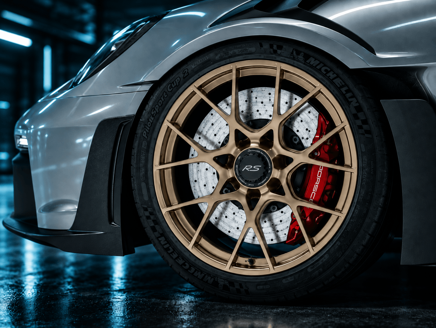 Bronze performance wheel with a drilled brake rotor and glossy red Porsche brake caliper under blue studio lighting