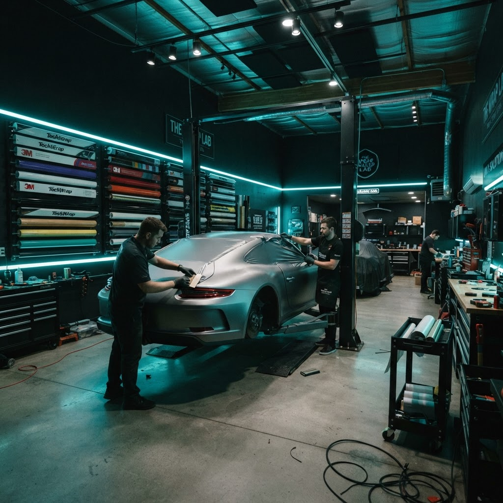 Installers wrapping a vehicle in the Flawda Wraps Orlando studio — wrap timeline explained