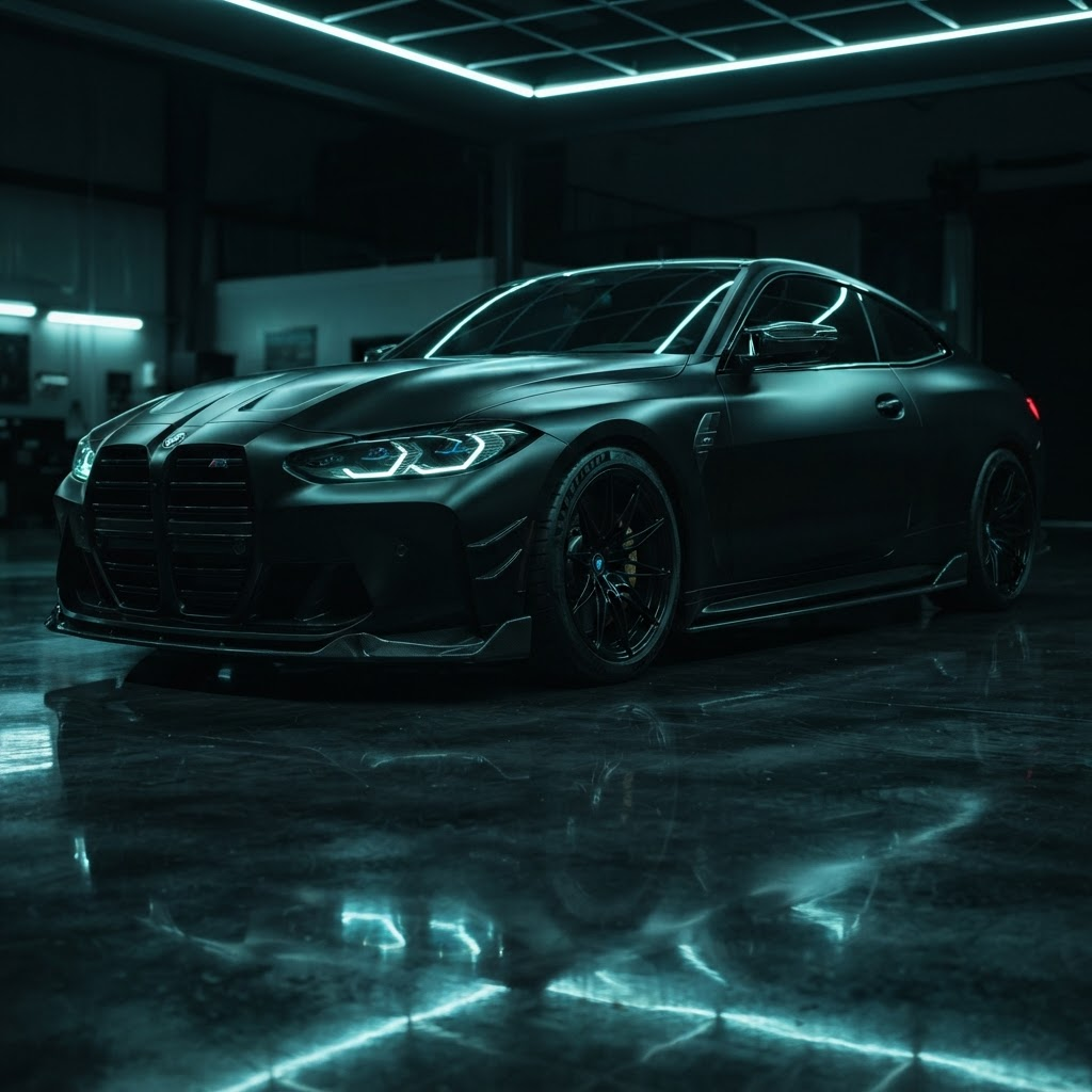 Matte black wrapped BMW M4 — an example of a full color change wrap in Orlando