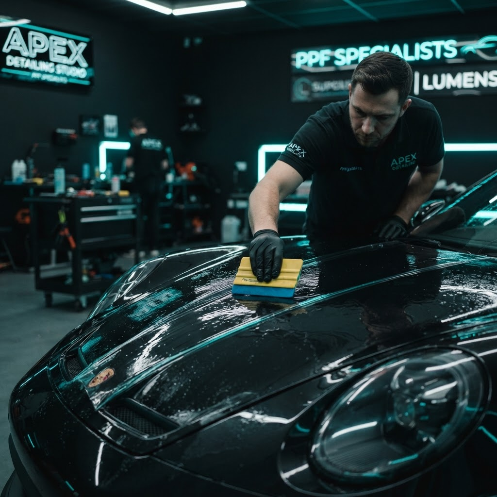 Clear paint protection film being applied to a car hood — PPF vs ceramic coating explained